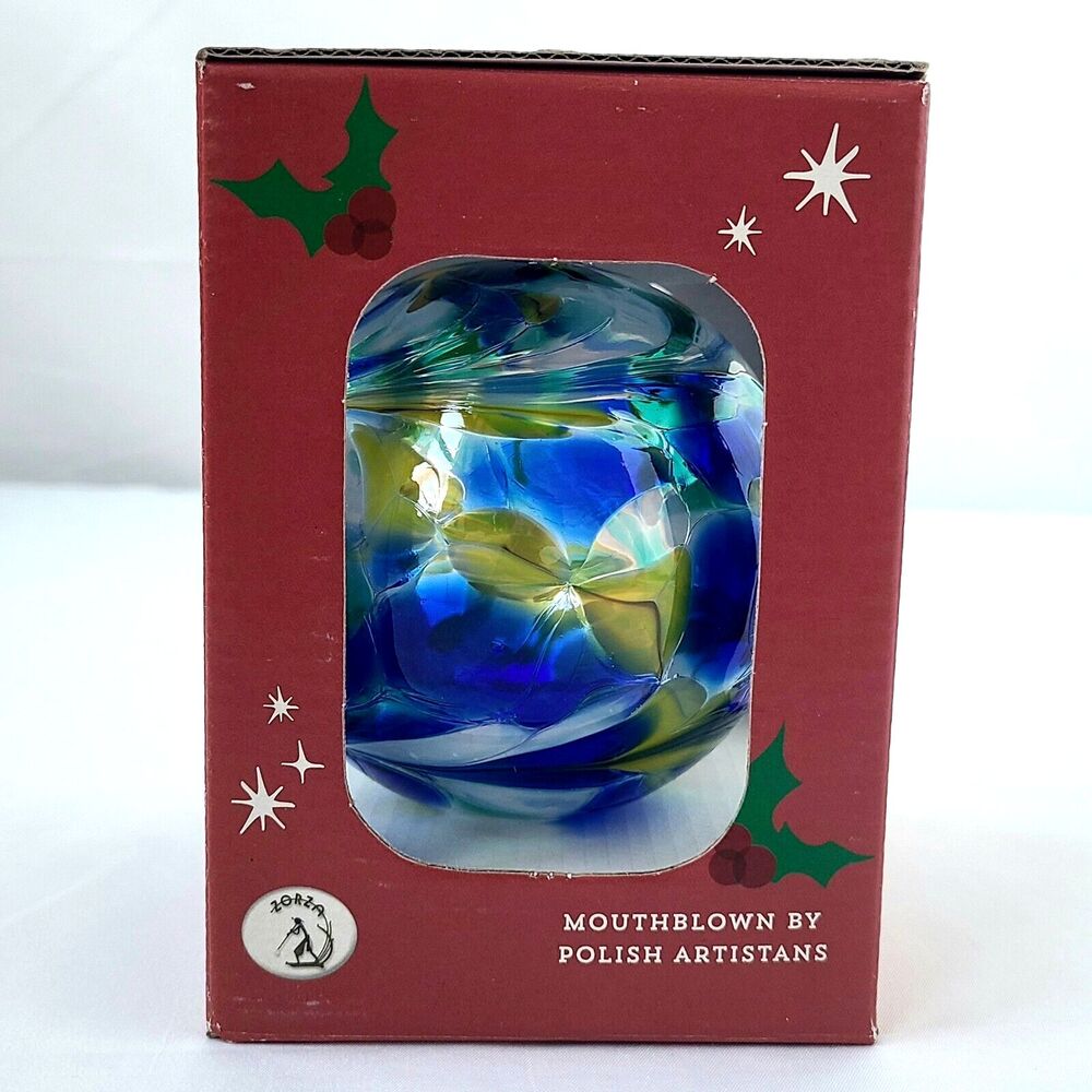 Zorza Artisan Mouth Blown Glass Christmas Ornament Large Round Blue Swirl Poland - Picture 9 of 9